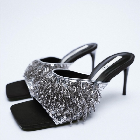 NWT Zara Party Sandals Heels Size 7.5 Open Toe Beaded Sparkly Slip On Sandals - Picture 7 of 11